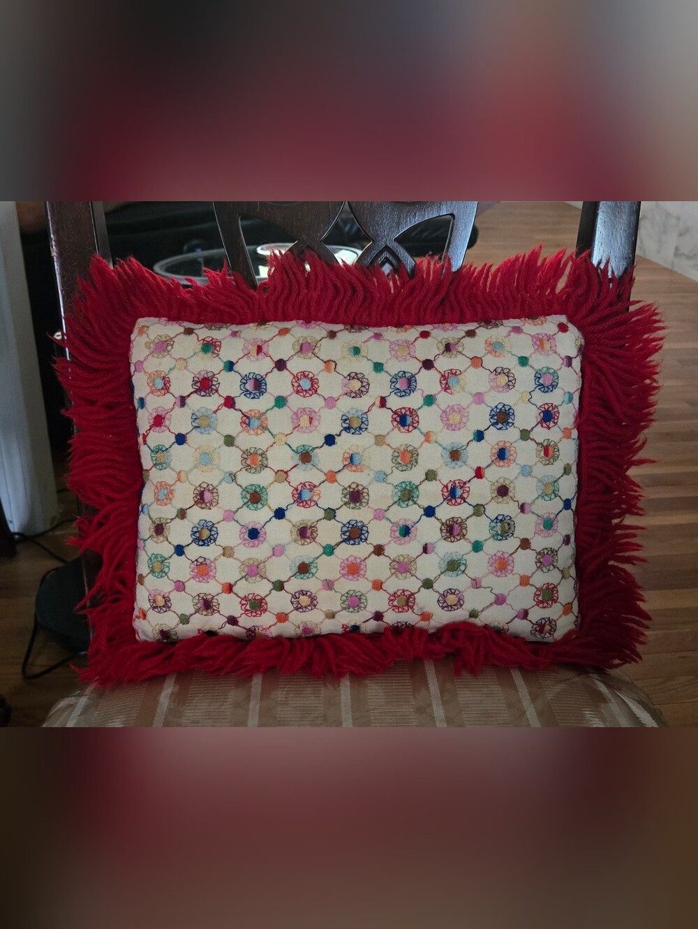Vintage Embroidered Multicolor Decorative Throw Pillow with Red Fringe